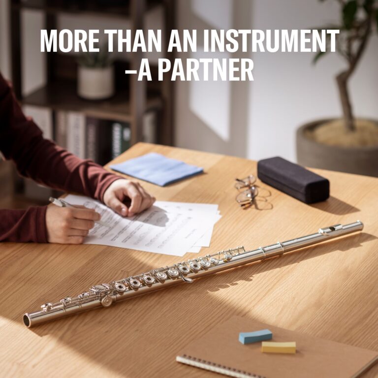 Desk with two silver flutes on a wooden table, papers, eyeglasses, and colorful sticky notes beneath a blurred banner reading 'More than an instrument — a partner' ขายราคาพิเศษ