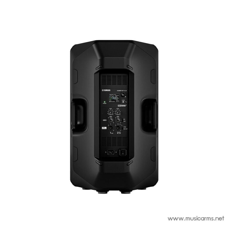 Rear view of a black Yamaha DXR12mkII powered speaker, showing the control panel, knobs, and inputs, with two side handles and a power switch. ขายราคาพิเศษ