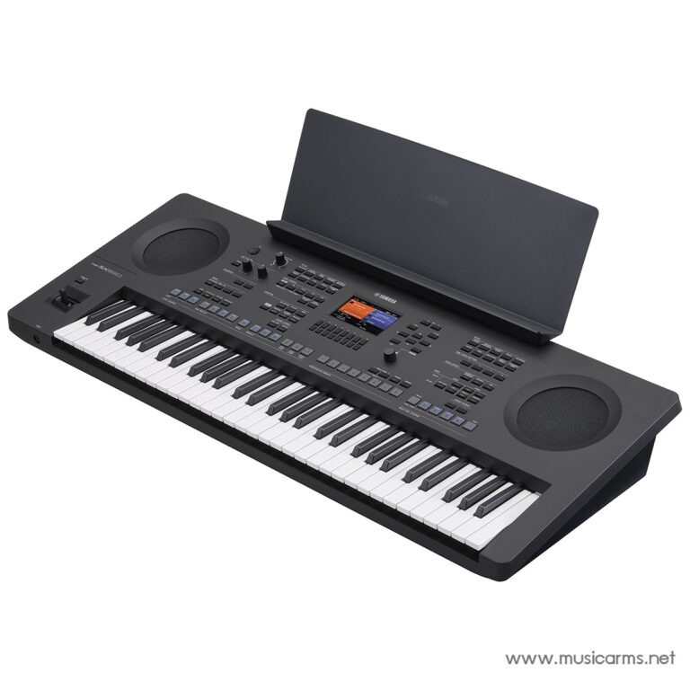 Yamaha electronic keyboard with two large built-in speakers on each end and a detachable music stand above the keys, viewed at an angle. ขายราคาพิเศษ