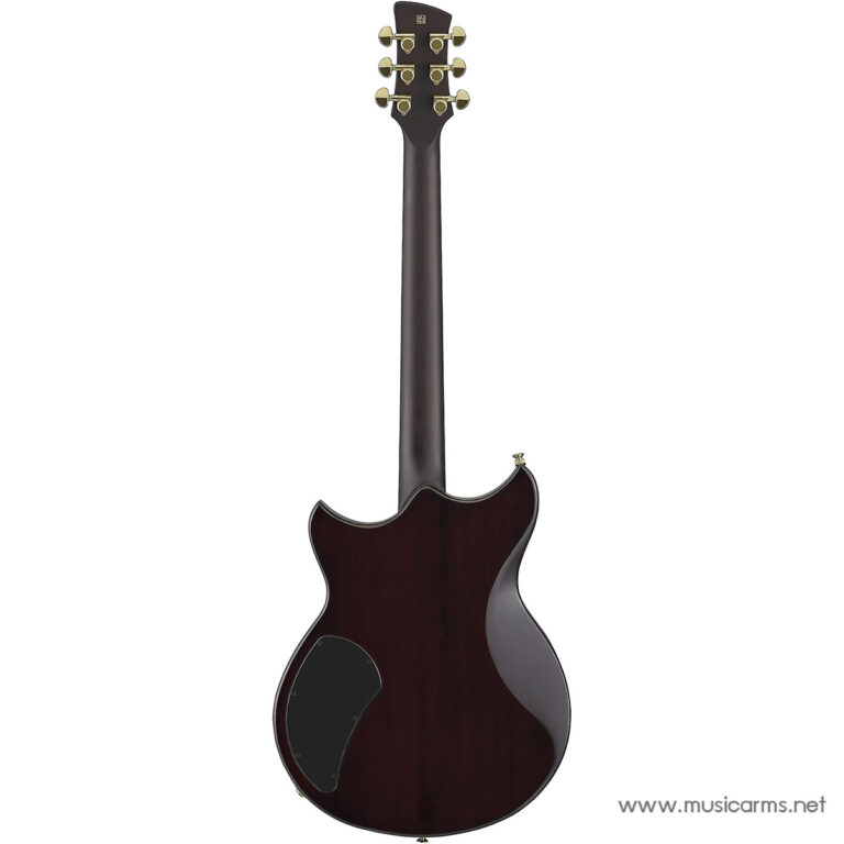 Rear view of a dark red electric guitar with a double-cutaway body and gold tuning pegs on a white background. ขายราคาพิเศษ