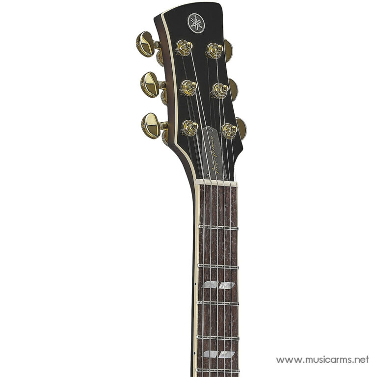 Black guitar headstock with gold tuners and white binding, close-up view of the neck and inlays ขายราคาพิเศษ