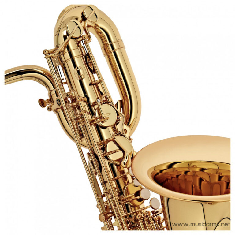 Close-up of a shiny gold saxophone showing keys and curved neck against a white background] - but avoid brackets. ขายราคาพิเศษ