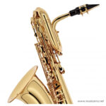 Close-up of a polished gold saxophone with mouthpiece and neck, set against a white background. ขายราคาพิเศษ