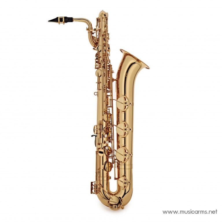 Gold lacquer alto saxophone standing upright against a white background, showing its curved neck, keys, and bell. ขายราคาพิเศษ