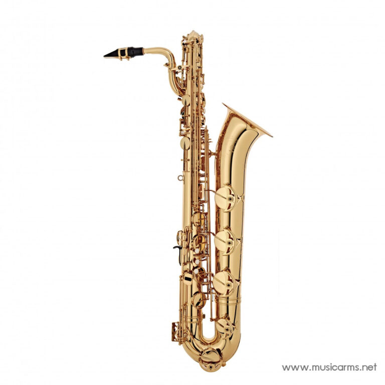 Golden saxophone standing upright on a white background, showcasing its curved neck and many keys. ขายราคาพิเศษ