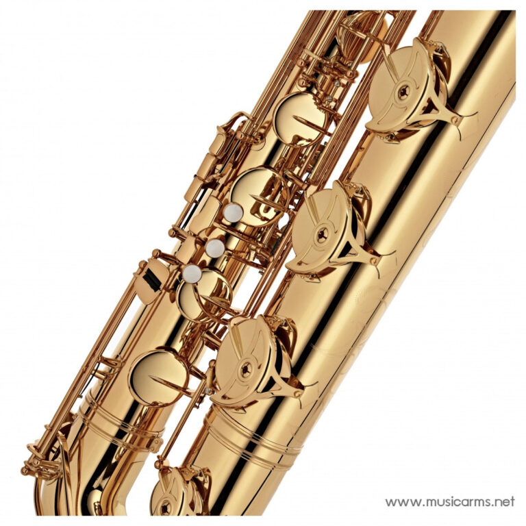 Close-up of a gold saxophone showing its shiny keys and rods, angled diagonally across the image. ขายราคาพิเศษ