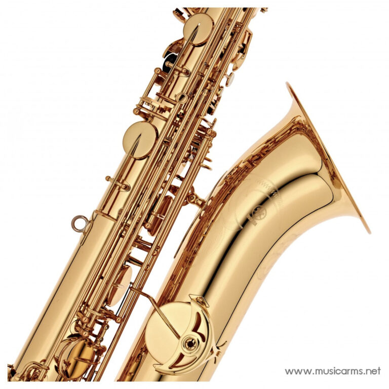 Close-up of a golden saxophone against a white background, showing keys, rods, and the curved bell. ขายราคาพิเศษ