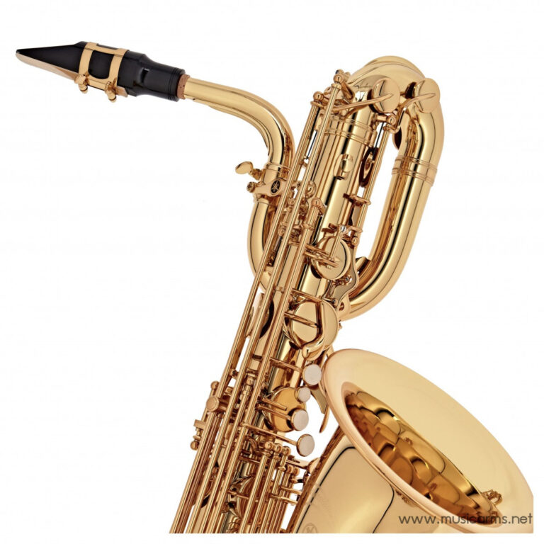 Close-up of a shiny gold saxophone showing the curved neck, keys, and mouthpiece. ขายราคาพิเศษ
