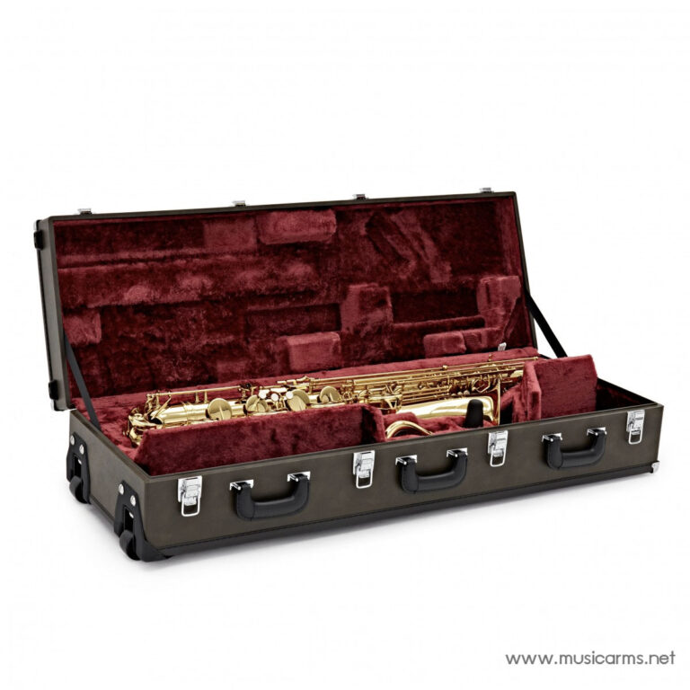 Open hard-shell instrument case with burgundy velvet interior, holding a gold saxophone inside. ขายราคาพิเศษ