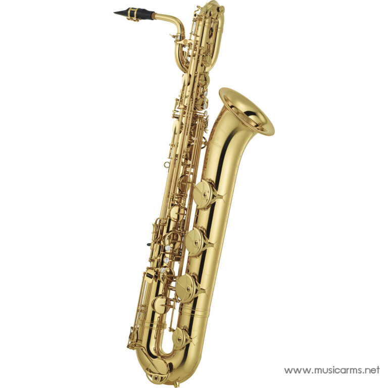 Shiny gold alto saxophone standing upright on a white background with intricate keywork visible ขายราคาพิเศษ
