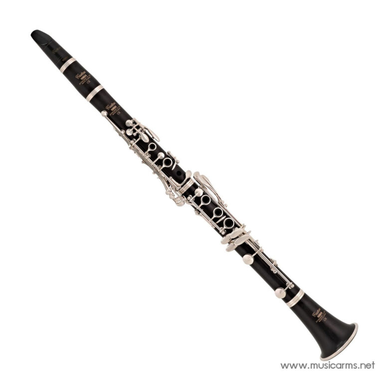 Diagonal view of a black clarinet with silver keys and white pads, set against a white background (musicarms.net watermark) ขายราคาพิเศษ