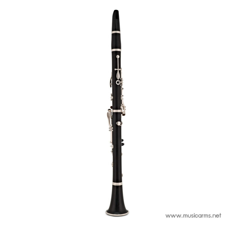 Black clarinet shown upright with silver keys and white rings, against a white background. ขายราคาพิเศษ