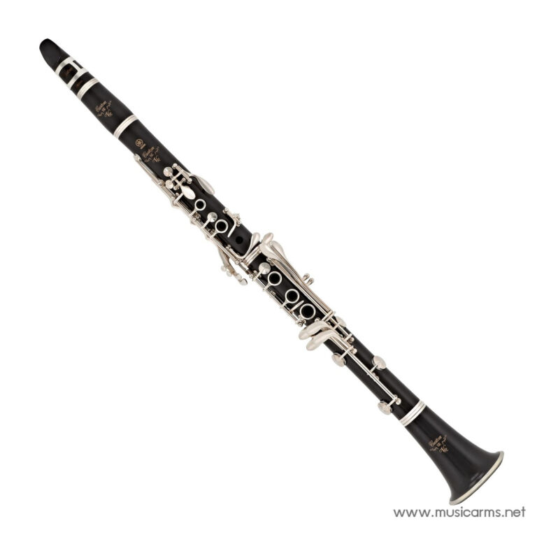 Black wooden clarinet with silver keys photographed diagonally against a white background. ขายราคาพิเศษ