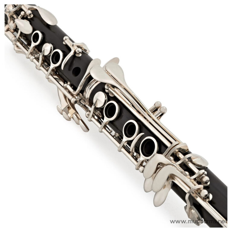 Close-up of an oboe showing silver keywork and round tone holes along a black body ขายราคาพิเศษ