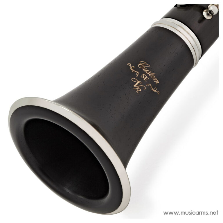 Close-up of a black woodwind instrument bell with a silver rim and gold engraved text, photographed diagonally on a white background. ขายราคาพิเศษ