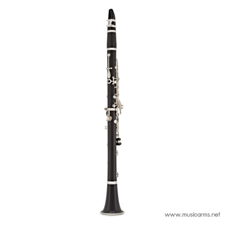 Black clarinet standing upright with silver keys and rings, full length against a white background. Includes mouthpiece and bell visible. (Music instrument) ขายราคาพิเศษ