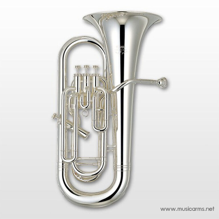 Shiny silver tuba with large bell and coiled tubing against a light gray gradient background, watermarked www.musicarms.net via the bottom right. ขายราคาพิเศษ