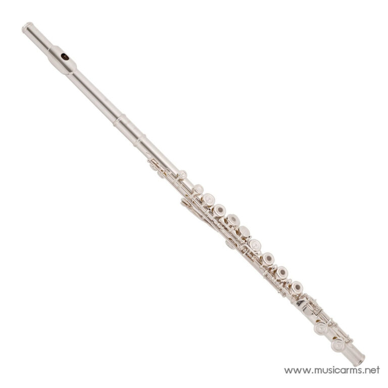 Silver concert flute shown diagonally, with headjoint at upper left and keys along the body ขายราคาพิเศษ
