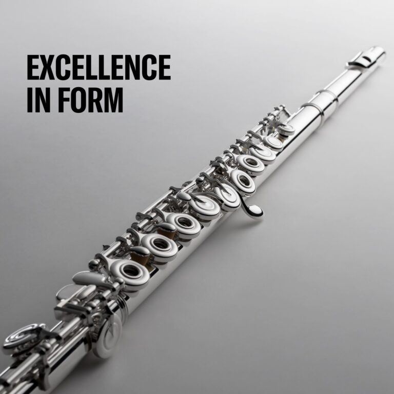 Close-up of a silver saxophone lying diagonally on a gray background with bold black text reading 'EXCELLENCE IN FORM' on the left. ขายราคาพิเศษ