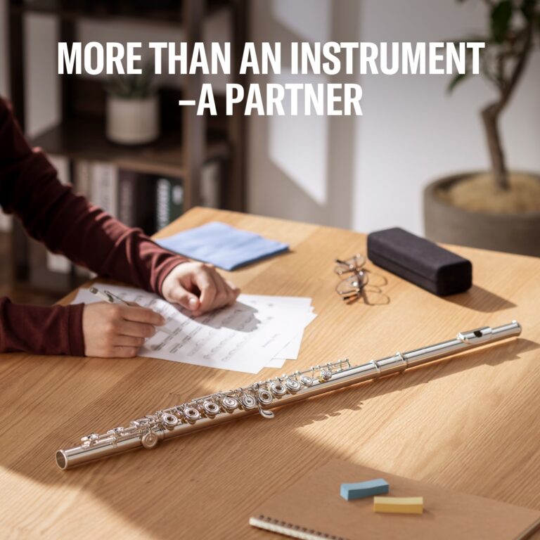 Two silver flutes lie on a wooden desk beside scattered music sheets and a person's hand writing or arranging papers in the background. ขายราคาพิเศษ