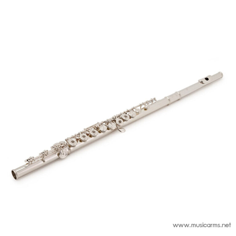 Silver flute lying diagonally on a white background, keys and rods visible along its body. ขายราคาพิเศษ