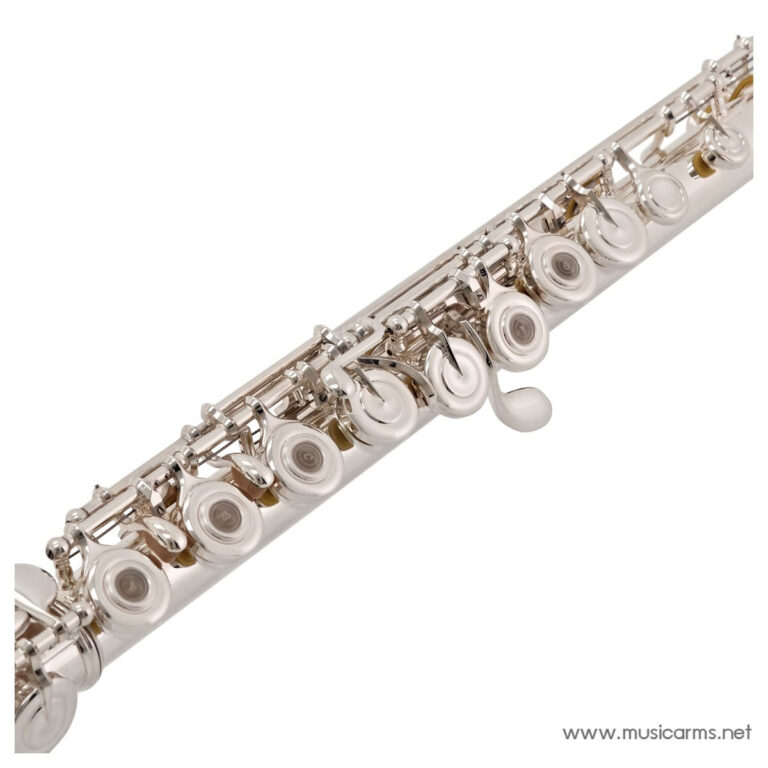 Close-up of a polished silver flute showing its round key pads and intricate keywork along the body. ขายราคาพิเศษ