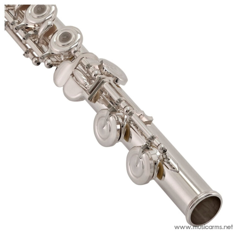 Close-up of a silver flute showing its intricate keywork and pads along the body diagonally laid out against a white background. ขายราคาพิเศษ