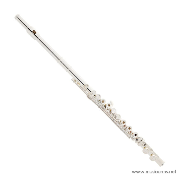 Silver flute angled diagonally across a white background, showing its keys and mouthpiece with a watermark in the corner ขายราคาพิเศษ