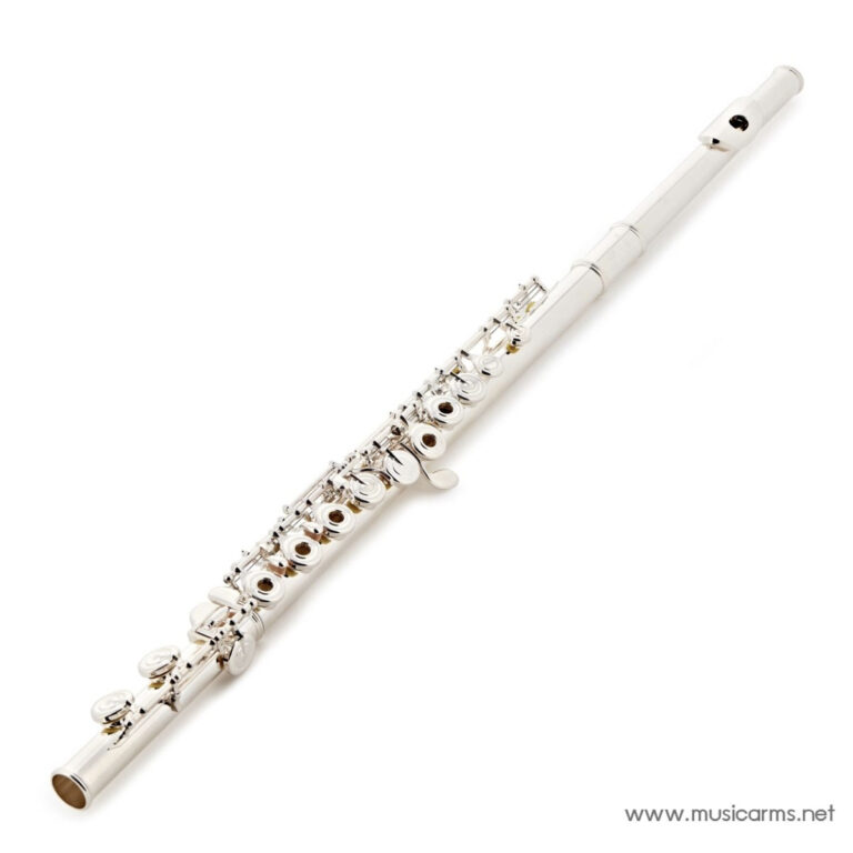 Diagonal view of a silver flute with keys and pads on a white background. ขายราคาพิเศษ
