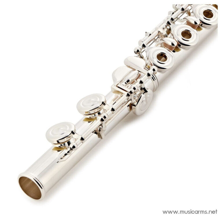 Close-up of a polished silver flute showing its keys and pads along the body, angled diagonally across a white background. ขายราคาพิเศษ