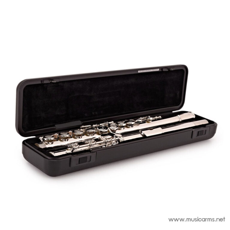 Silver flute laid in an open black hard-shell case with a plush interior, ready to play. ขายราคาพิเศษ