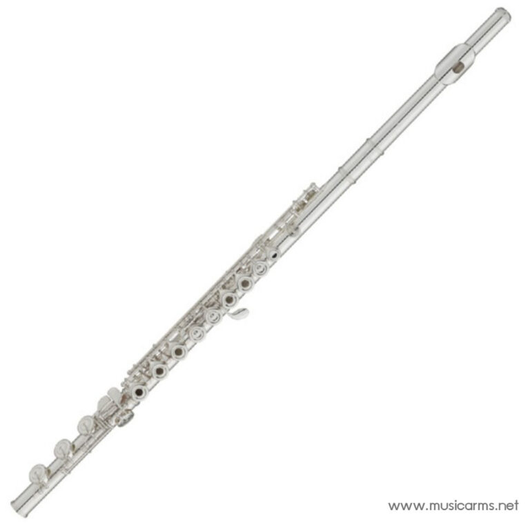 Silver concert flute laid diagonally, showing its keys and headjoint on a white background. ขายราคาพิเศษ