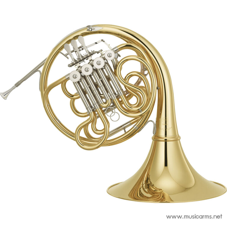French horn with intricate brass coils and mouthpiece on a white background ขายราคาพิเศษ
