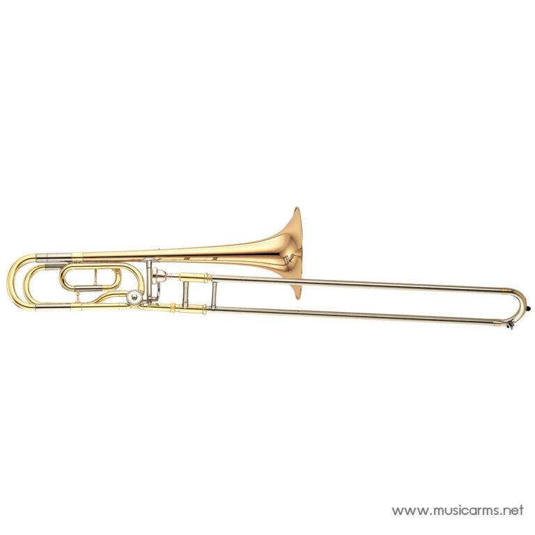 Golden brass trombone laid horizontally on a white background, slide extended to the right. ขายราคาพิเศษ