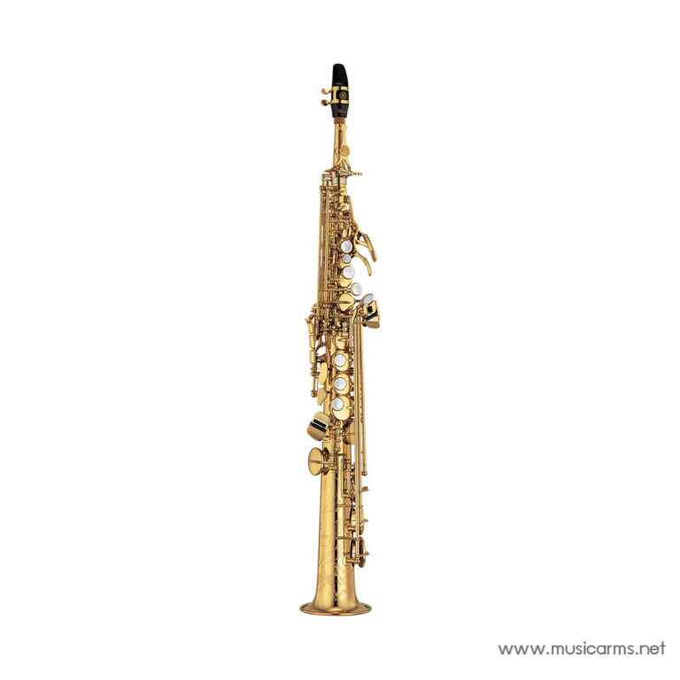 Gold saxophone standing upright against a white background, showing its keys and mouthpiece ขายราคาพิเศษ