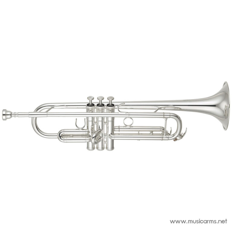 Silver trumpet shown from the side on a white background, with valves and tubing visible. ขายราคาพิเศษ