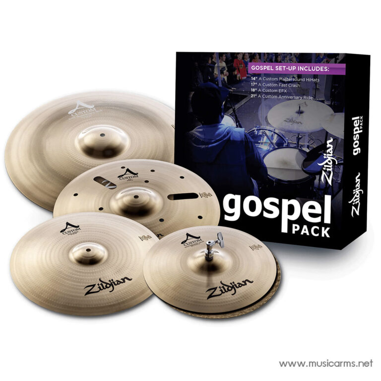 Gospel drum cymbal set with a black Zildjian gospel pack box in the background. ขายราคาพิเศษ