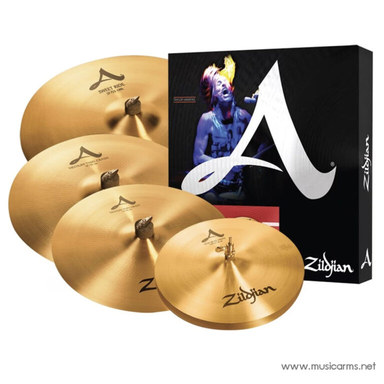 Five gold Zildjian cymbals arranged in front of a black box with a white logo and a musician graphic. ขายราคาพิเศษ