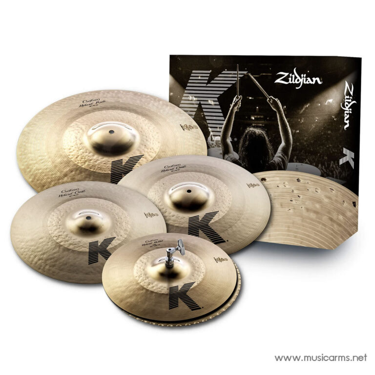 Six bronze Zildjian K cymbals arranged in front of a black promotional poster. ขายราคาพิเศษ