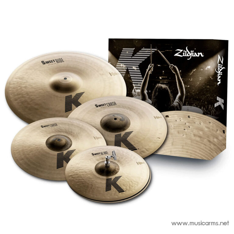 Complete Zildjian K cymbal set with five cymbals arranged in front of a black box, branded Sweet Ride/Crush and K logos visible. www.musicarms.net is in the corner. ขายราคาพิเศษ