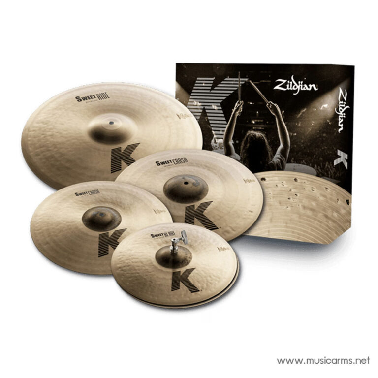 A set of Zildjian K cymbals arranged in front of a black Zildjian box, showcasing multiple sizes and finishes on a white background. ขายราคาพิเศษ