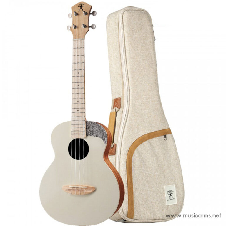 Light gray soprano ukulele leaning against a beige fabric gig bag with orange trim. ขายราคาพิเศษ