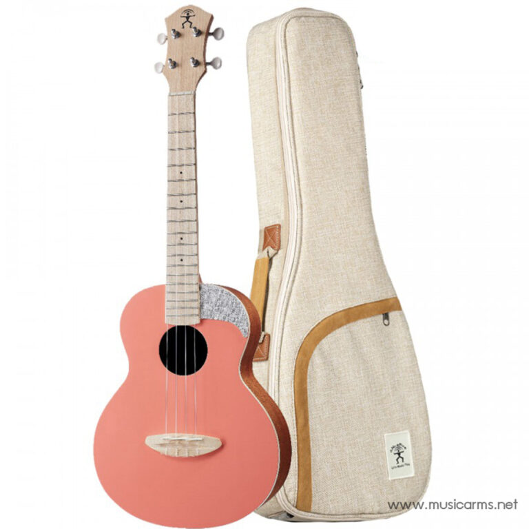 Small pink acoustic guitar standing beside a beige fabric guitar case. ขายราคาพิเศษ