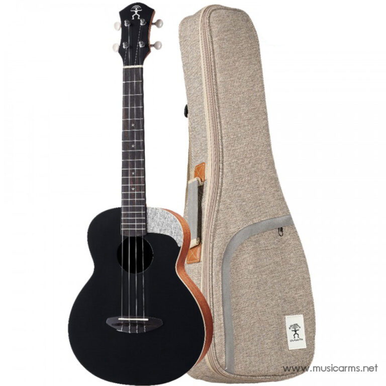 Black acoustic guitar leaning against a beige soft gig bag with a zipper, ready for transport or storage. ขายราคาพิเศษ