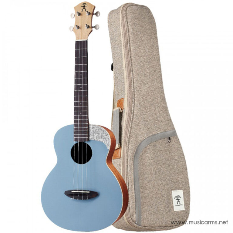 Blue ukulele leaning against a beige fabric gig bag with a zipper and pocket detail. ขายราคาพิเศษ