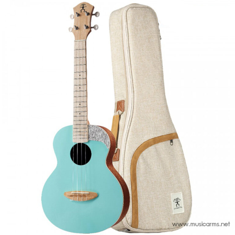 Turquoise ukulele with a natural wood neck resting beside a beige padded gig bag with brown trim. ขายราคาพิเศษ