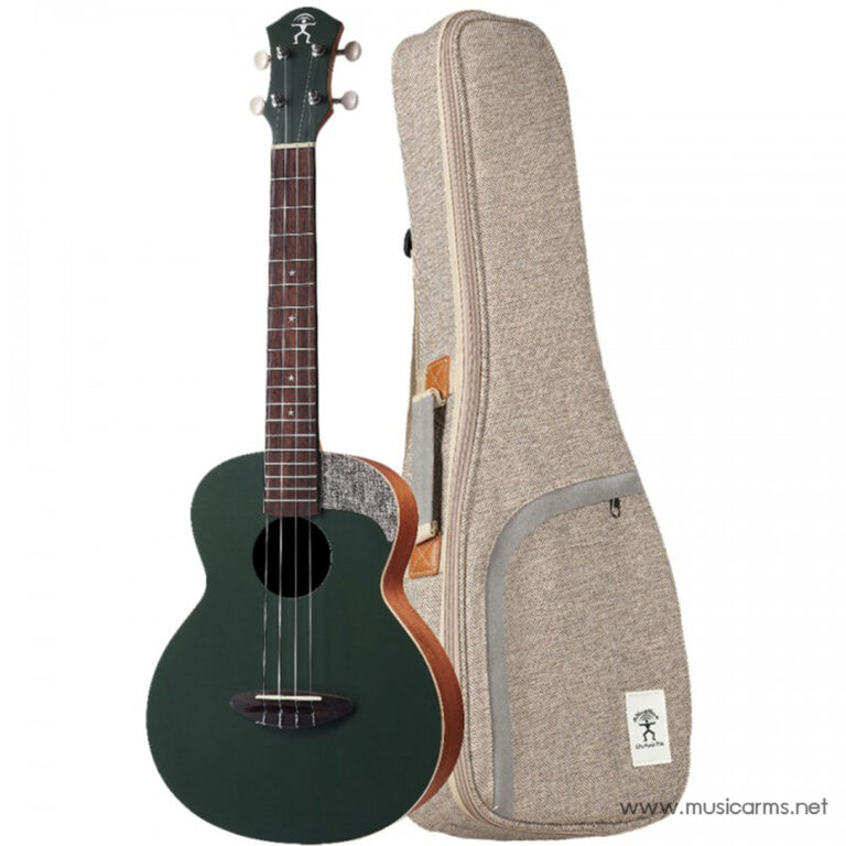Green acoustic ukulele next to a beige fabric gig bag, showing a dark fretboard, round sound hole, and white tuners. ขายราคาพิเศษ