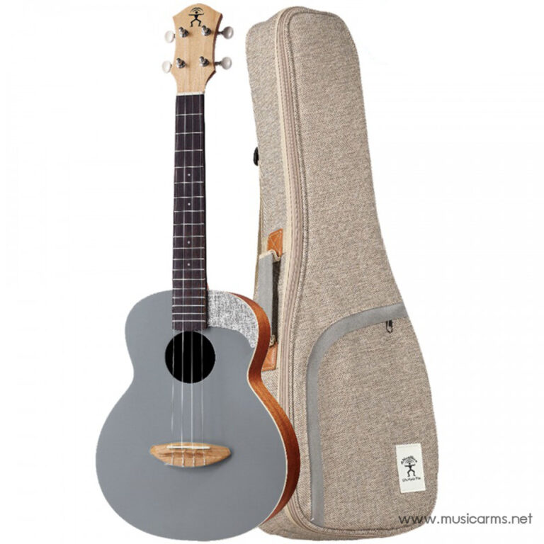 Gray acoustic ukulele with a dark fretboard and light wood bridge next to a beige fabric gig bag ขายราคาพิเศษ