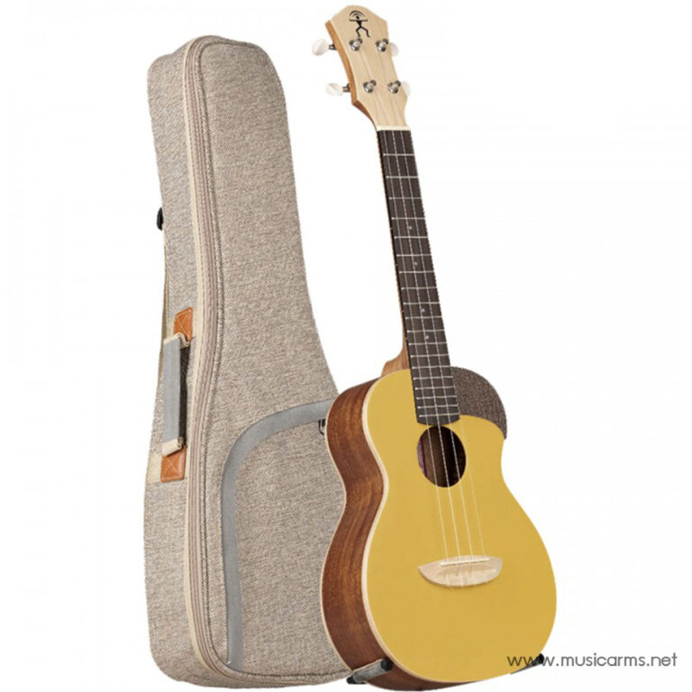 Acoustic guitar resting upright beside a beige fabric gig bag case. ขายราคาพิเศษ