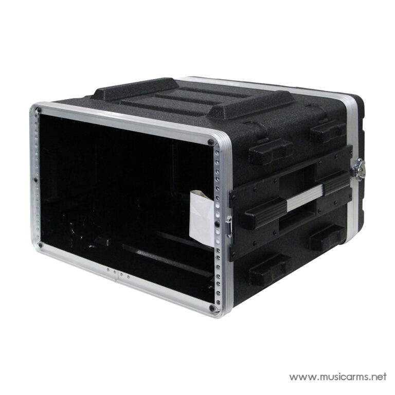 Open black flight case with foam padding and silver aluminum trim, empty interior for equipment storage/transportation. ขายราคาพิเศษ